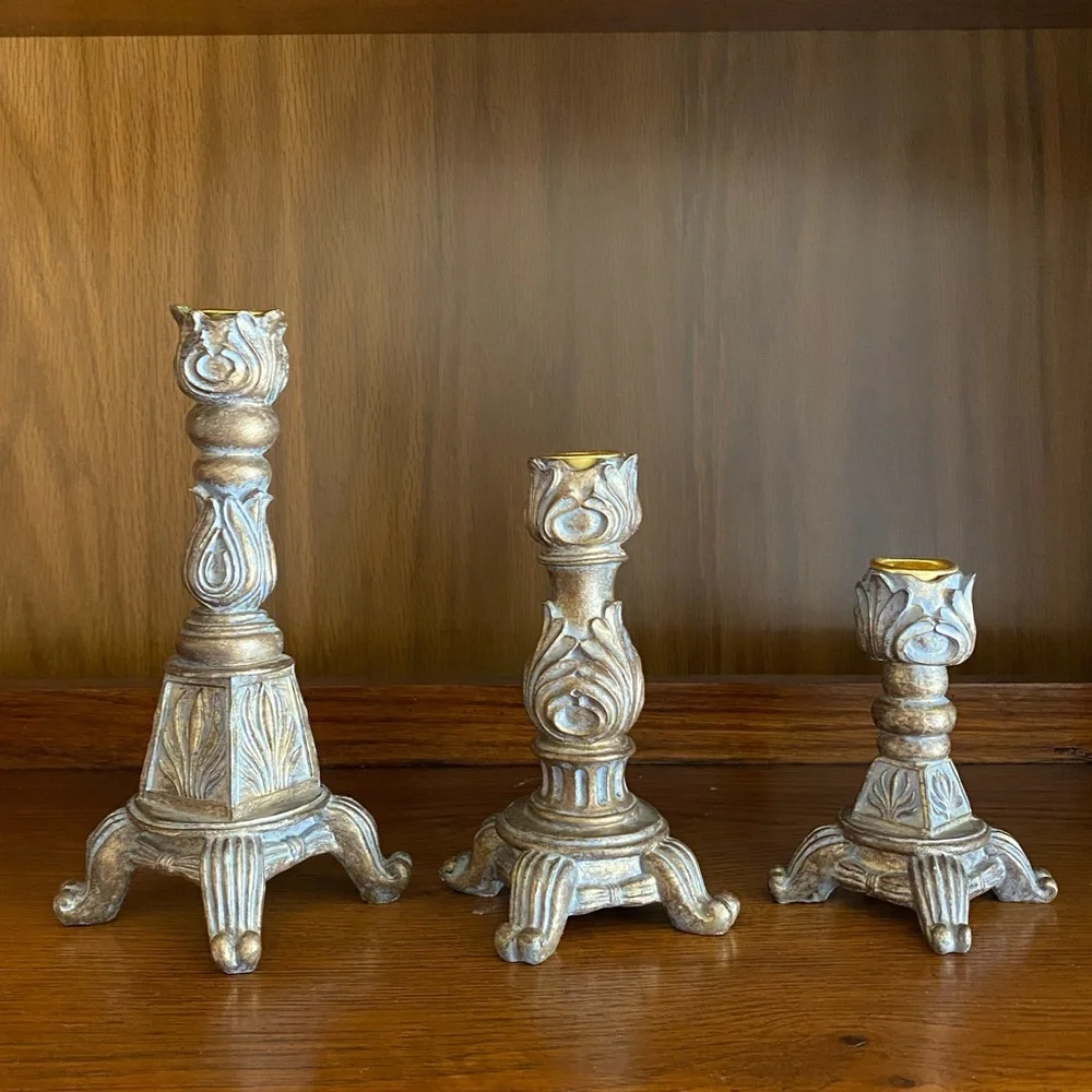 Mervn’s Vintage Ornate Taper Candle Holder Set of 3 | Scrolled Base Gold Washed